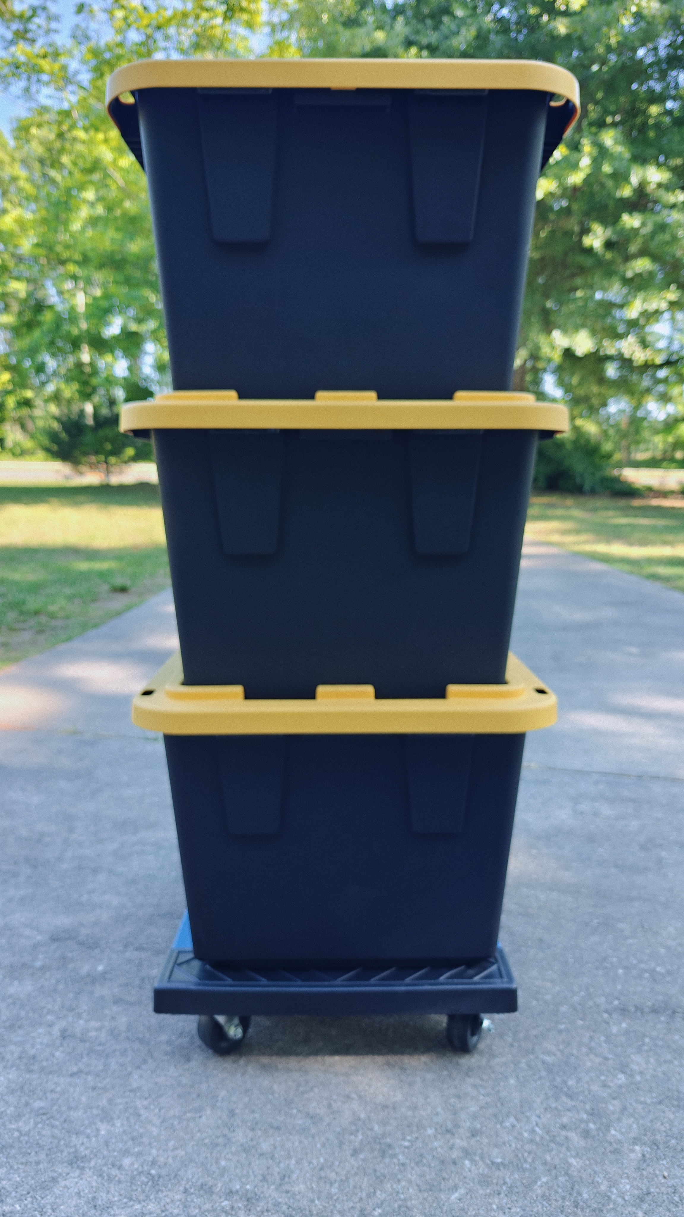 Heavy-duty moving totes stacked on dolly